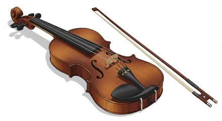 Fototapeta premium A violin with a bow and a bow on the back showing vector of a violin with bow, realistic and illustrated style, white background