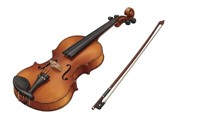 A violin with a bow and a bow on the back showing vector of a violin with bow, realistic and illustrated style, white background