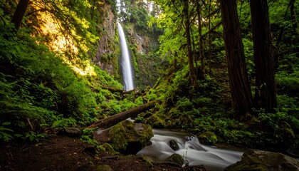 Lush waterfall cascading through a verdant forest