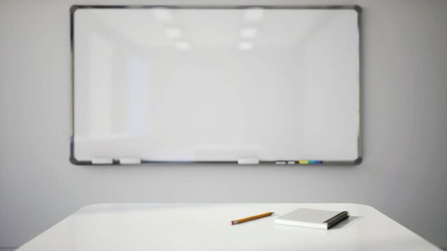 Desk with whiteboard in empty classroom, educational concept.