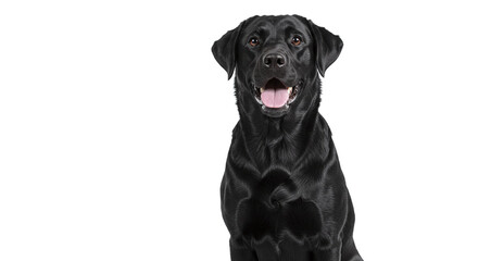 A black labrador retriever sitting with its mouth open against a white background looking forward
