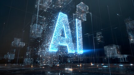 Glowing blue 3D AI text made of digital particles in a futuristic virtual data space.