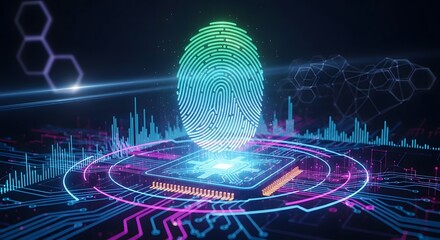 Digital fingerprint scan on futuristic computer chip with data streams