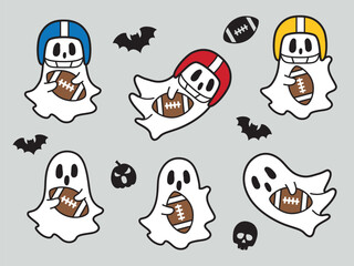 Cute Halloween Ghost Football Players vector illustration set features funny flying sheet ghosts holding footballs, some with helmets for extra game day fun.