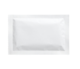 A mini white sachet isolated on a transparent background; PNG