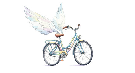 Naklejka premium Whimsical Bicycle with Colorful Wings Taking Flight in a Dreamy Artistic Illustration