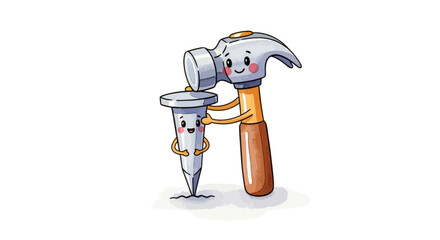 Whimsical Cartoon A Happy Hammer Gently Nailing a Smiling Nail on a White Background