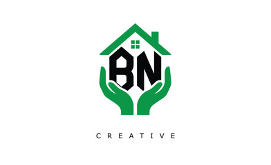 BN Home Care Logo - Green House and Hand Symbol for Real Estate, Eco Housing & Modern Branding