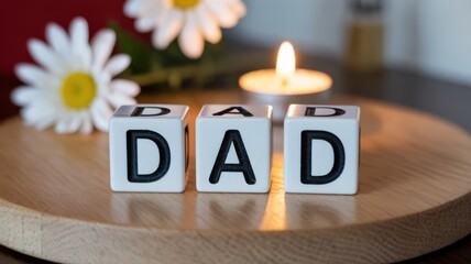 A heartwarming fathers day arrangement with dad blocks, daisies, and a candle, symbolizing love, family, and celebration