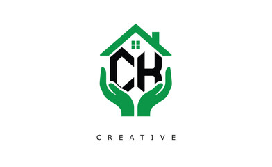 CK Home Care Logo - Green House and Hand Symbol for Real Estate, Eco Housing & Modern Branding