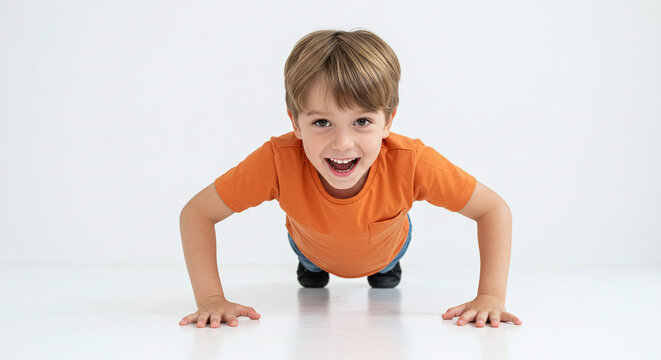 A young boy in an orange shirt doing push ups and smiling on a white background in a studio setting