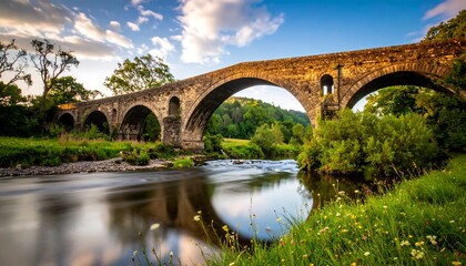 Fototapeta premium A tranquil scene showcasing a historic stone arch bridge spanning a gently flowing river, framed by lush greenery and a serene sky.