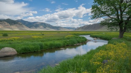 Scenic mountain landscape featuring a winding river flowing through a lush green valley under a bright blue sky with fluffy white clouds