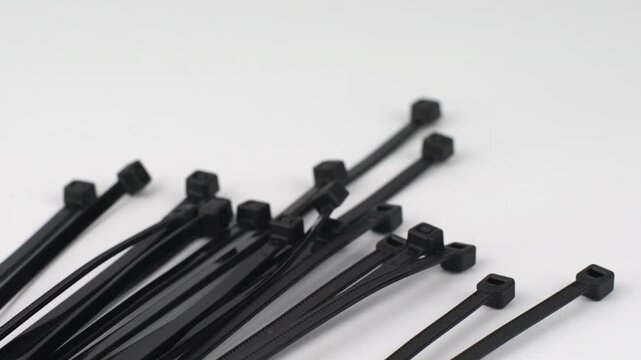 Close-up of many black cable ties on a white surface, ideal for organization and fastening tasks in various settings.
