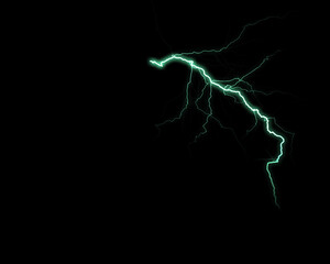 A striking bolt of greenish-blue lightning illuminates a dark night sky, showcasing its powerful, electrical discharge.