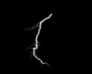 A single, bright lightning bolt dramatically slices through the intense darkness, showcasing a powerful atmospheric discharge.