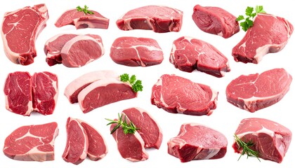 Various raw beef cuts displayed against a plain white background, showcasing a range of shapes and sizes, ideal for a food photography or culinary product catalog.