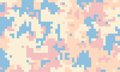 Abstract pixelated camouflage pattern in pastel pink, blue, and beige.  Ideal for fashion, website backgrounds, or playful digital designs.