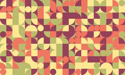 Abstract geometric pattern with muted earth tones.  Midcentury modern style design featuring circles, squares, and halfcircles.
