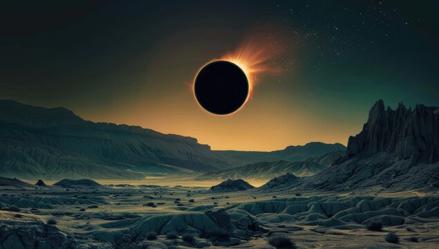 Total Solar Eclipse over Desert Landscape