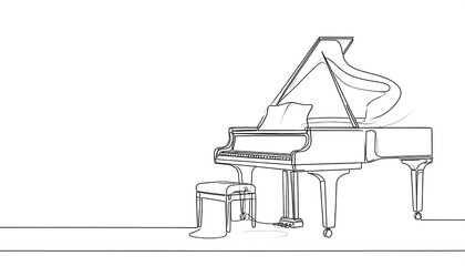 Single-line drawing of a grand piano and bench in a room.
