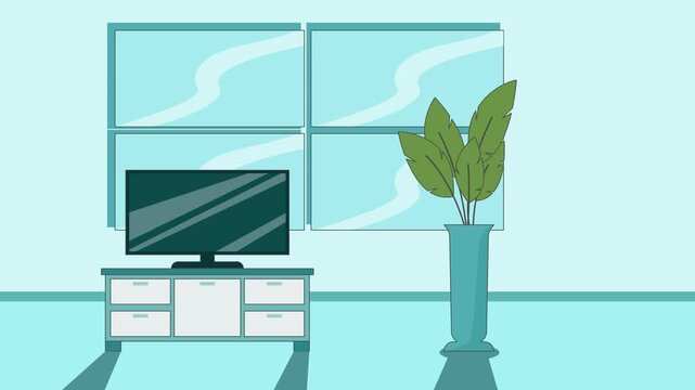 living room vector interior cartoon animation background video . furniture 2d simple decoration interior with sideboard, television and plant's pot animated footage motion graphic illustration design