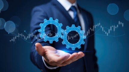 Businessman presenting gears and financial charts, symbolizing business solutions, technological innovation, and strategic development for success