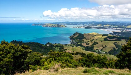 A sweeping vista showcases a vibrant bay, surrounded by verdant hills and a picturesque coastline.