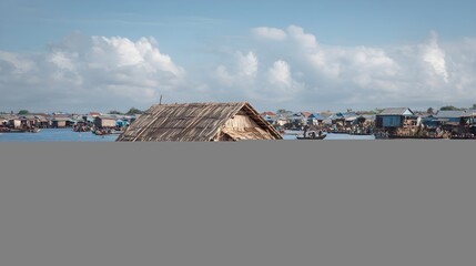 House raft adventure: Enjoy breathtaking views overlooking a tranquil floating village on the water.