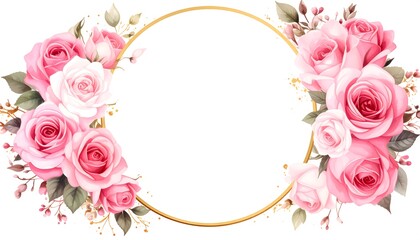 A decorative floral frame of pink and white roses, detailed greenery, and a gold circular border, creates a romantic and elegant aesthetic.