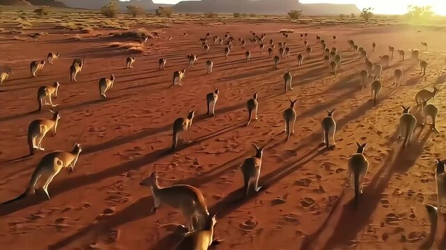 Aerial view of a large mob of kangaroos hopping across the vast Australian outback at golden sunset.