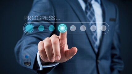 Obraz premium A business man touching a progress bar on a digital screen, symbolizing success, growth, and technological advancement in business