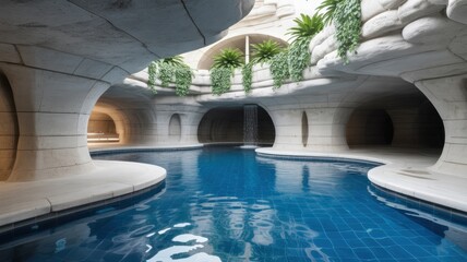 A luxurious cave pool with blue water, stone architecture, and tropical plants for a relaxing vacation and travel destination