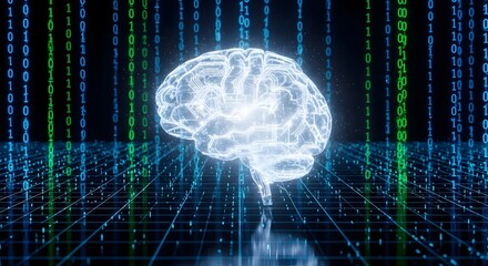 Glowing artificial intelligence brain with digital data and binary code