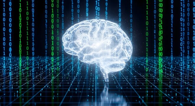 Glowing artificial intelligence brain with digital data and binary code