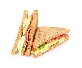 Tasty sandwiches with bacon, cheese and vegetables isolated on white