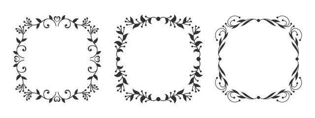 Square ornamental border set. Frame with abstract plant pattern, curved branches stylized leaves, berries. Hand drawn natural floral motif. Vintage template for laser cut engraving, etching, vignette