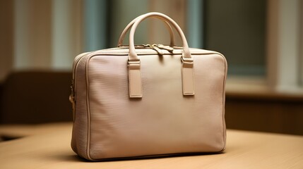Muted Beige Zipped Document Bag: Angled Top View, Professional, Stylish, Secure Document Storage Solution.