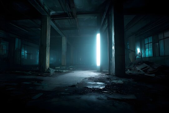 Security solution: a responsive motion-activated light illuminates a dark, ruined factory, ensuring safety effectively.