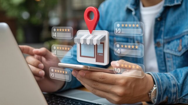 Online local business review and rating concept with shop icon, location pin, and customer feedback on digital device for marketing and seo