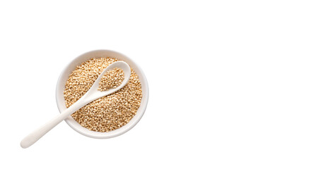 Chenopodium quinoa - White organic quinoa seeds in the bowl and spoon - White background