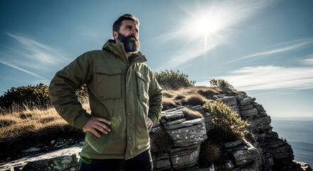 Adventurous man exploring scenic coastal cliffs during daytime with bright sunlight and clear sky for outdoor adventure travel and nature exploration enthusiasts