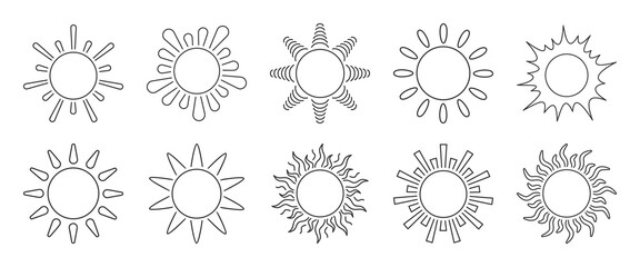 Sun line icon set, sunshine symbol, cartoon glow star flare sign, doodle solar in linear style, various beam, outline daylight drawing, simple heat light ray, bright emblem circular shining contour