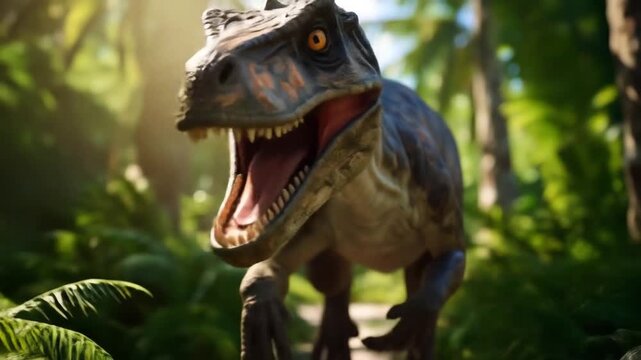 Fierce Allosaurus Roars in Lush Jungle with Prehistoric Beast, and Nature Background.