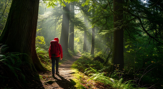 Serene Forest Hiking Scene with Person in Red Jacket Exploring Nature Trail Surrounded by Tall Trees and Sunlight Filtering Through Green Foliage for Outdoor Adventure Enthusiasts