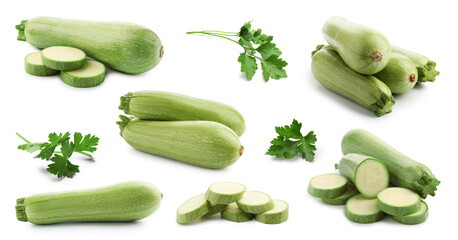Fresh ripe zucchini with parsley isolated on white, collage