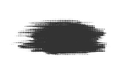 Brush stroke grunge design element, dirty textured spot. Hand drawn smudge with halftone dots effect. Black ink stain dry paintbrush bold scratch isolated on white background