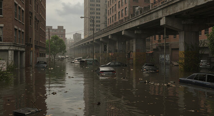 Urban flood with submerged cars and buildings in a city street