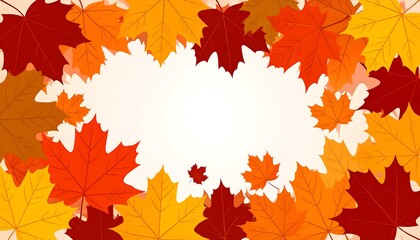 Vibrant autumnal design features a multitude of colorful maple leaves, creating a festive and warm visual presentation with a central blank space for text or design insertion.