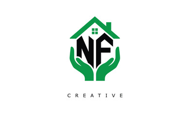 MF Home Care Logo - Green House and Hand Symbol for Real Estate, Eco Housing & Modern Branding